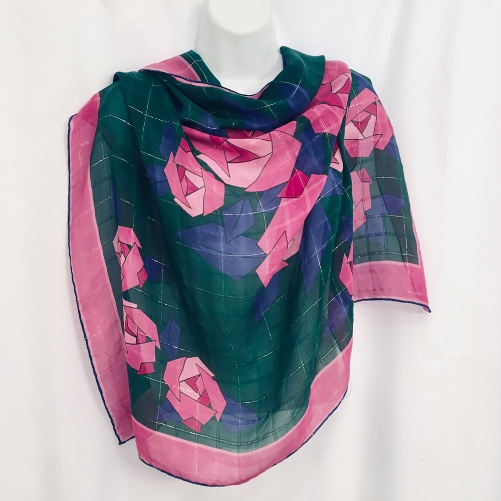 ❄️ Vintage Pink Green & Blue Rose Print Scarf